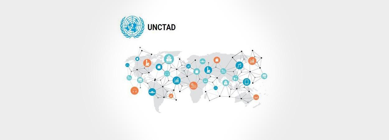 mapa-mundi com símbolo da UNCTAD 